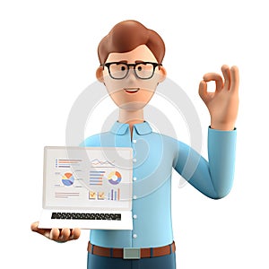 3D illustration of smiling man with ok gesture showing business charts at screen laptop computer.