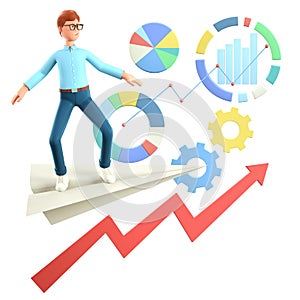 3D illustration of smiling man, successful investor flying on a huge paper airplane among business icons, charts, diagrams