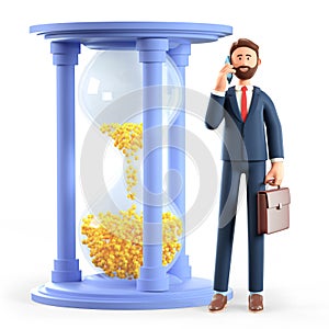 3D illustration of smiling man talking on the phone and standing next to a huge hourglass. Businessman using smartphone
