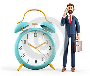 3D illustration of smiling man talking on the phone and standing next to a huge vintage alarm clock. Businessman with briefcase
