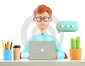 3D illustration of smiling man using laptop and working at the desk in office with coffee cup, cactus.