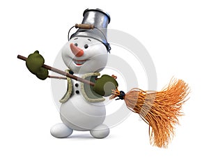 3d illustration A snowman with a broom and bucket on his head