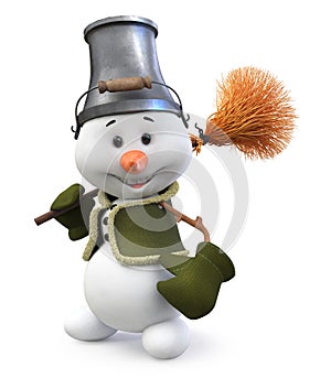 3d illustration A snowman with a broom and bucket on his head