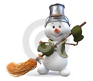 3d illustration A snowman with a broom and bucket on his head