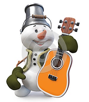 3d illustration A snowman with a guitar and bucket on his head