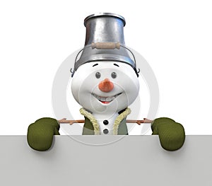 3d illustration A snowman with a guitar and bucket on his head