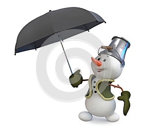 3d illustration A snowman with a umbrella and bucket on his head