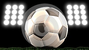 A 3D illustration of a soccer ball on green grass at night under floodlights