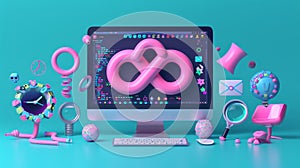 3D Illustration of software development operations system concept. Computer monitor with infinity sign, symbol of DevOps