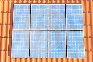 3D illustration solar panels on a red roff, power generation technology. Alternative energy. Solar battery panel modules