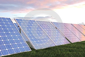 3D illustration solar power generation technology. Alternative energy. Solar battery panel modules with scenic sunset