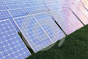 3D illustration solar power generation technology. Alternative energy. Solar battery panel modules with scenic sunset