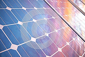 3D illustration solar power generation technology. Alternative energy. Solar battery panel modules with scenic sunset
