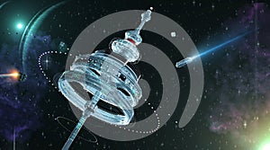 3d Illustration of a space station with multiple gravitational rings over a gorgeous space panorama. with stars nebulas