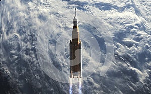 3D illustration of Spaceship launch from Earth. Mission to Moon. SLS space rocket. Orion spacecraft. Artemis space program to