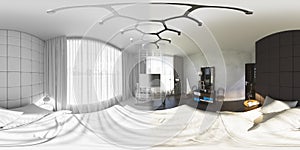 3d illustration spherical 360 degrees, seamless panorama of bedroom interior design