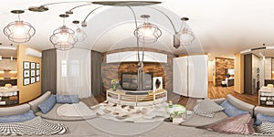 3d illustration spherical 360 degrees, seamless panorama of living room and kitchen interior design.