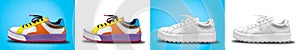 3d Illustration of Sport Fitness Sneakers Shoes Set. Color or Clean on White or Blue Background.