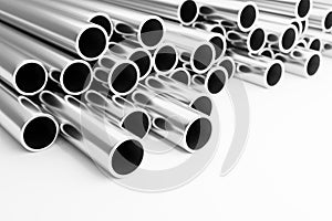 3D illustration of a stack of shine metal pipes. construction product concept