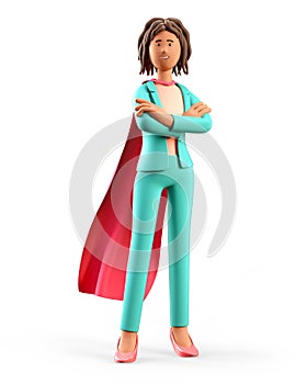 3D illustration of standing african american businesswoman in superhero cape with arms crossed.