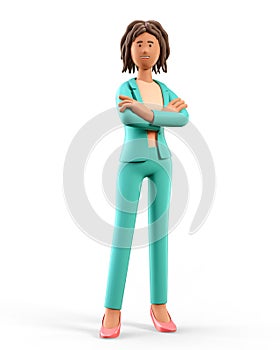 3D illustration of standing african american woman with arms crossed. Portrait of smiling businesswoman, isolated on white