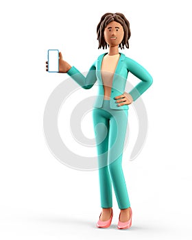 3D illustration of standing african american woman holding smartphone and showing at blank screen.