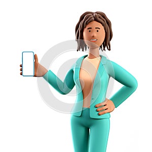 3D illustration of standing african american woman holding smartphone and showing blank screen.