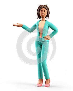 3D illustration of standing african american woman pointing hand at direction. Businesswoman in presentation pose.