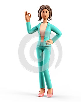 3D illustration of standing african american woman showing ok gesture. Portrait of cartoon smiling businesswoman iwith okay sign