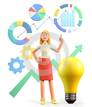 3D illustration of standing beautiful blonde woman with huge bulb pointing finger at charts, diagrams, infographics and graph