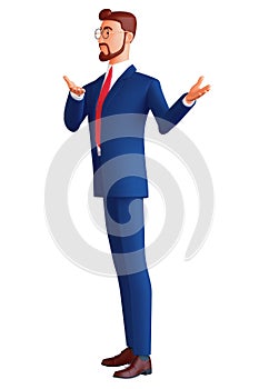 3d illustration of a standing character, a smiling man pointing with his hands at the viewer. Portrait of a cartoon