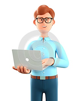 3D illustration of standing happy man holding laptop. Close up portrait of cartoon smiling businessman using computer