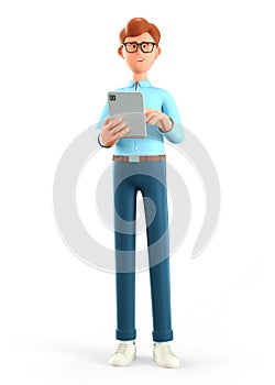 3D illustration of standing happy man holding tablet. Cute cartoon smiling businessman or freelancer using gadget
