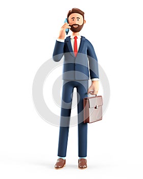 3D illustration of standing happy man talking on the phone. Cute bearded businessman using smartphone and holding briefcase.