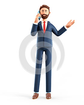 3D illustration of standing happy man talking on the smartphone and gesturing hand. Cute cartoon smiling bearded businessman on