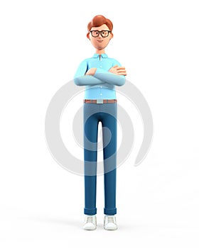 3D illustration of standing man with arms crossed and looking at camera. Portrait of cartoon smiling businessman