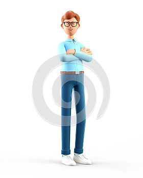 3D illustration of standing man with arms crossed. Portrait of cartoon smiling male character