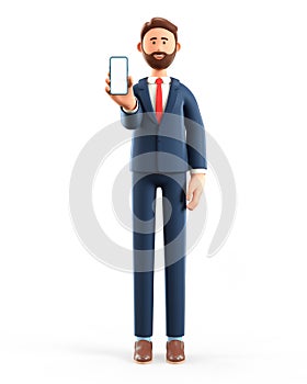 3D illustration of standing man holding smartphone and showing blank screen. Cartoon smiling businessman