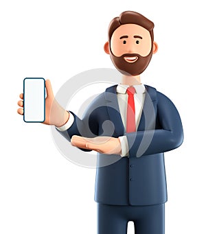 3D illustration of standing man holding smartphone and showing blank screen. Close up portrait of cartoon smiling businessman