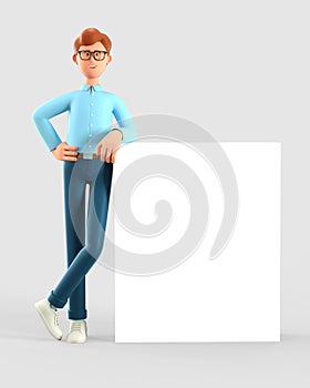 3D illustration of standing man leaning on a blank presentation board. Portrait of cartoon businessman with advertising placard.
