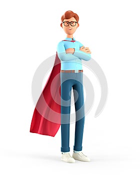 3D illustration of standing man in superhero cape with arms crossed. Cartoon smiling super business leader, isolated on white