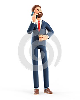 3D illustration of standing man talking on the phone. Cute businessman using smartphone and holding coffee cup.