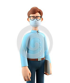 3D illustration of standing man wearing protective face mask. Cartoon businessman with tablet, isolated on white background.