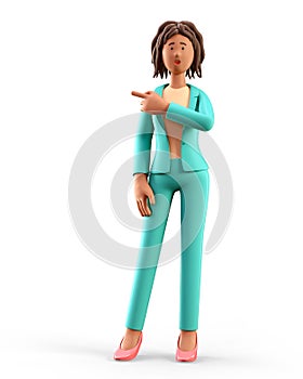 3D illustration of standing shocked african american woman with open mouth pointing finger.
