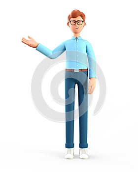 3D illustration of standing smiling man showing hand at direction. Portrait of cartoon happy businessman, isolated on white