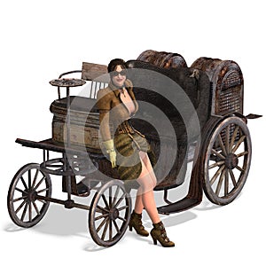 3D-illustration of a steampunk girl with a victorian dressand a carriage