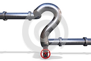 3D illustration: Steel gas pipe in the shape of a question mark with the red valve on white background. Problems of construction o