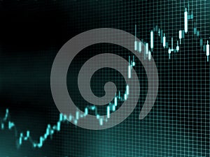 3D Illustration of Stock market up trend. Candle stick chart in green color background.