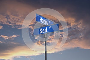 3D Illustration of a street sign_happy and sad streets