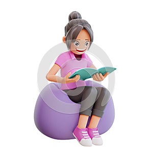 3d illustration student cute girl reading book